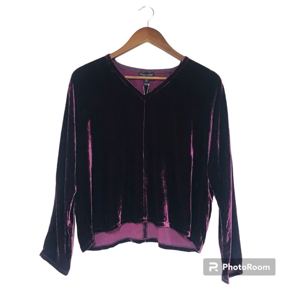 EILEEN FISHER Purple Velvet Dolman Sleeve Blouse XXS V-Neck Long Sleeve Silk